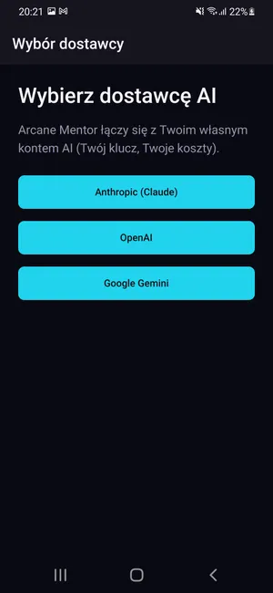 The app's vendor selection screen, listing Anthropic (Claude), OpenAI and Google Gemini as three equal choices.